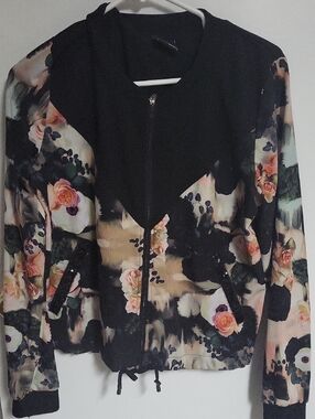 Schwiing Floral Print Zip-Front Bomber Jacket - Black & Pink-medium